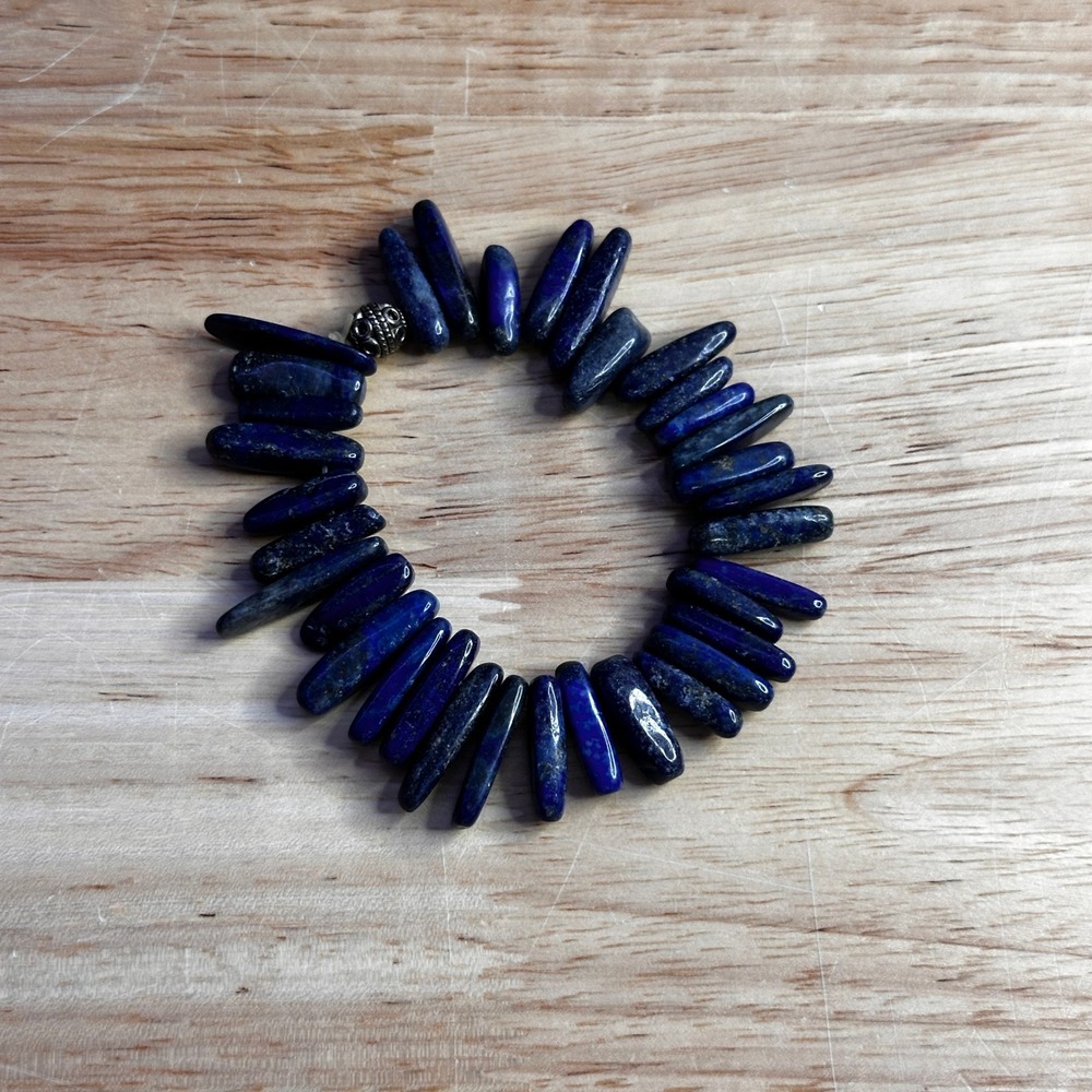Natural Lapis Lazuli Stick Bead Stretch Bracelet Blue Gemstone Boho Jewelry